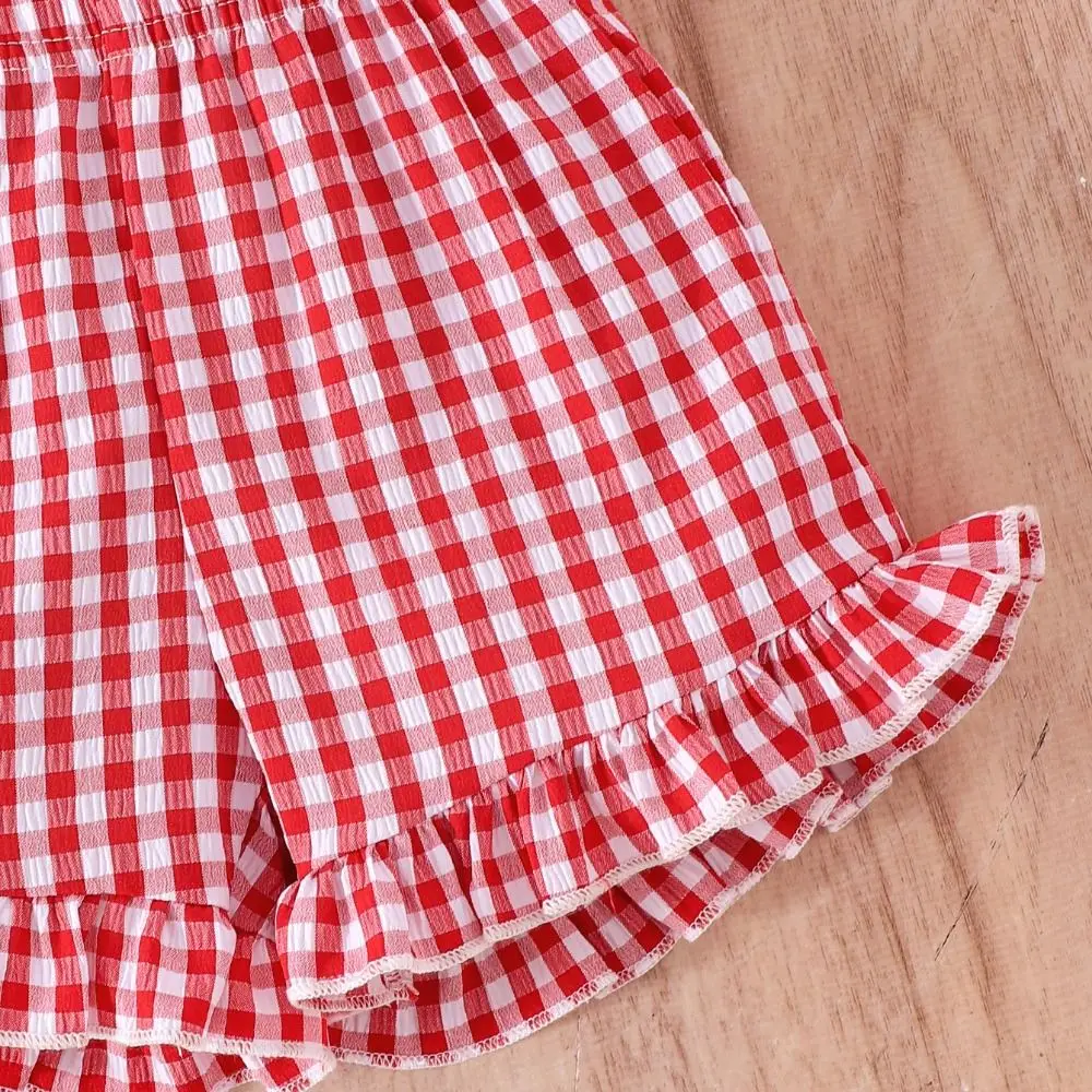 2pcs/set Strawberry Embroidered Toddler Baby Girl Outfit Plaid Bows Breathable Summer Outfit Sweet Ruffled Trim