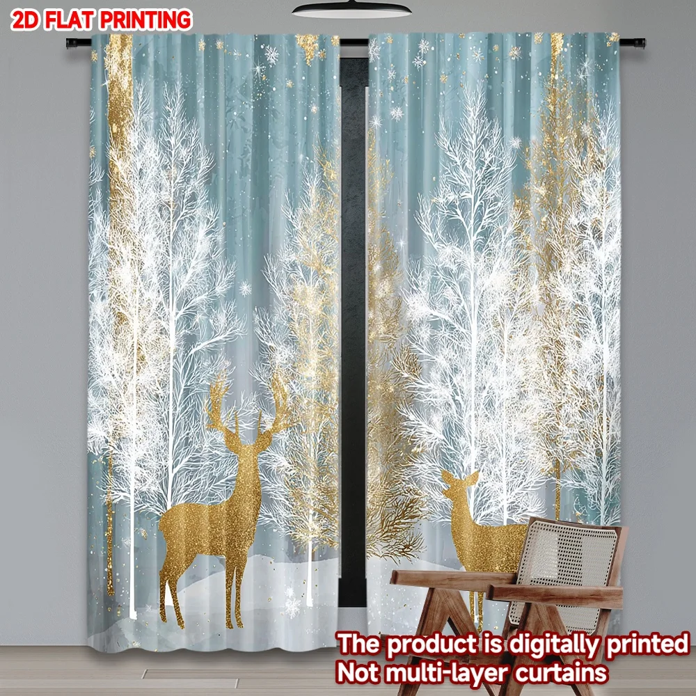 2D الطباعة المسطحة 2 قطعة ستائر الحفلات الثلج الذهب والأبيض الصنوبر الغزلان عيد الميلاد الرقمية المطبوعة البوليستر الستائر كل موسم #4