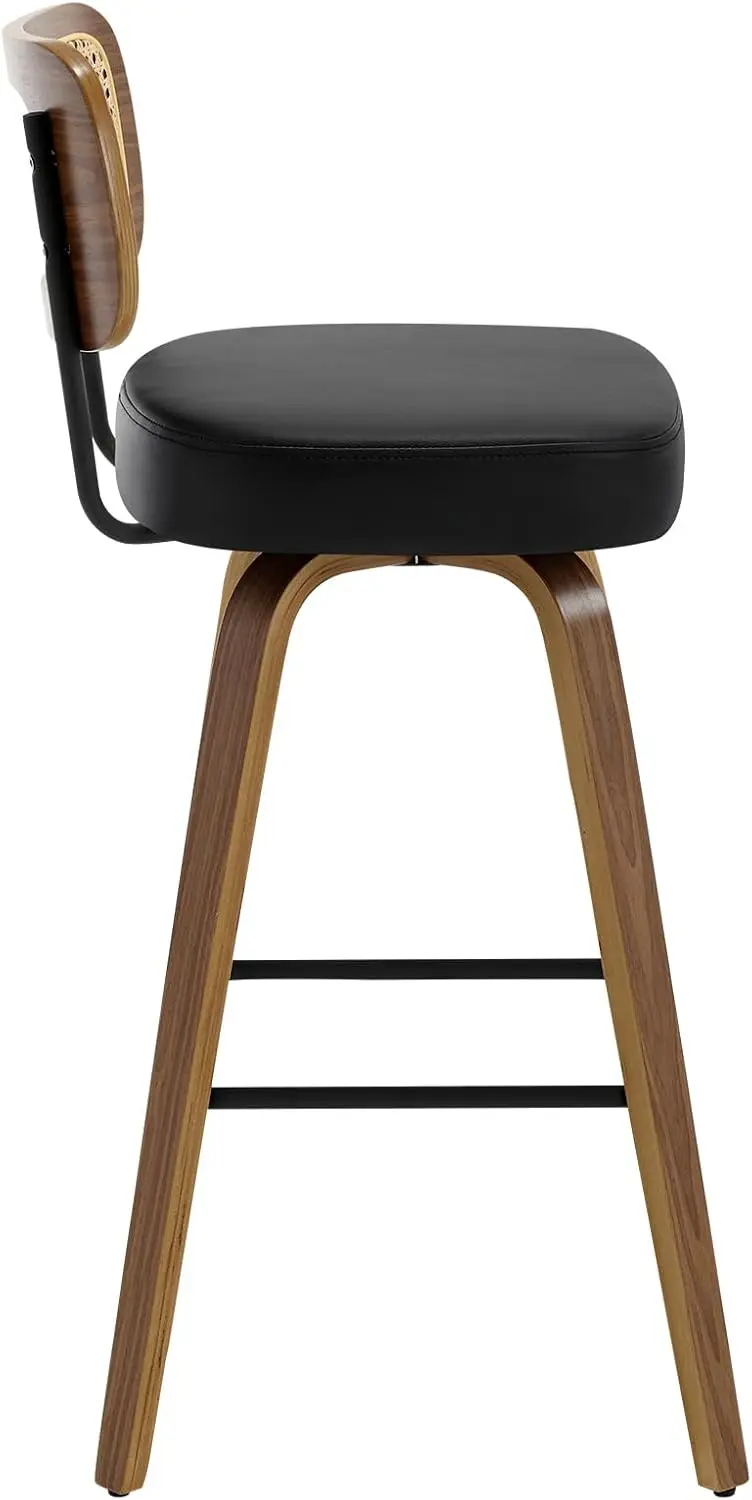 Swivel Bar Stools, Upholstered Faux Leather Barstools With Rattan Back, Bentwood Wood Frame, 29"" Seat Height Bar Chairs For