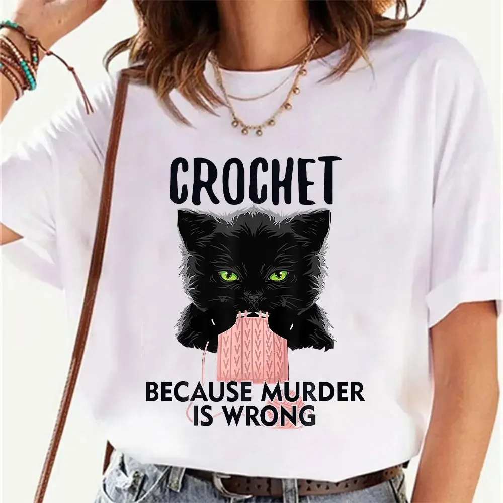 Women's Hip Hop T-Shirt Crochet Because Murder Is Wrong Black Cat Tops Harajuku Fashion Tee Shirt Female Y2k Tops Summer Clothes