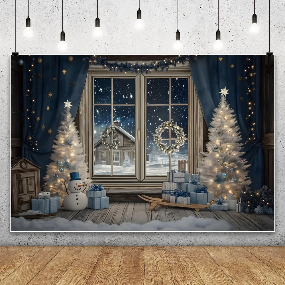 Christmas Window Backdrop Photography Blue Curtain Snowmen Baby Family Party Portrait Photographic Background For Photo Studio