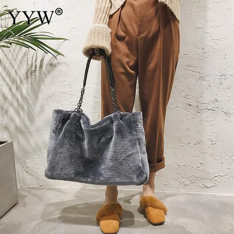 

Female Winter Faux Fur Plush Tote Bag Women'S Bag Designer Large Capacity Luxury Handbag Shoulder Bag Purses Female Satchel Bags