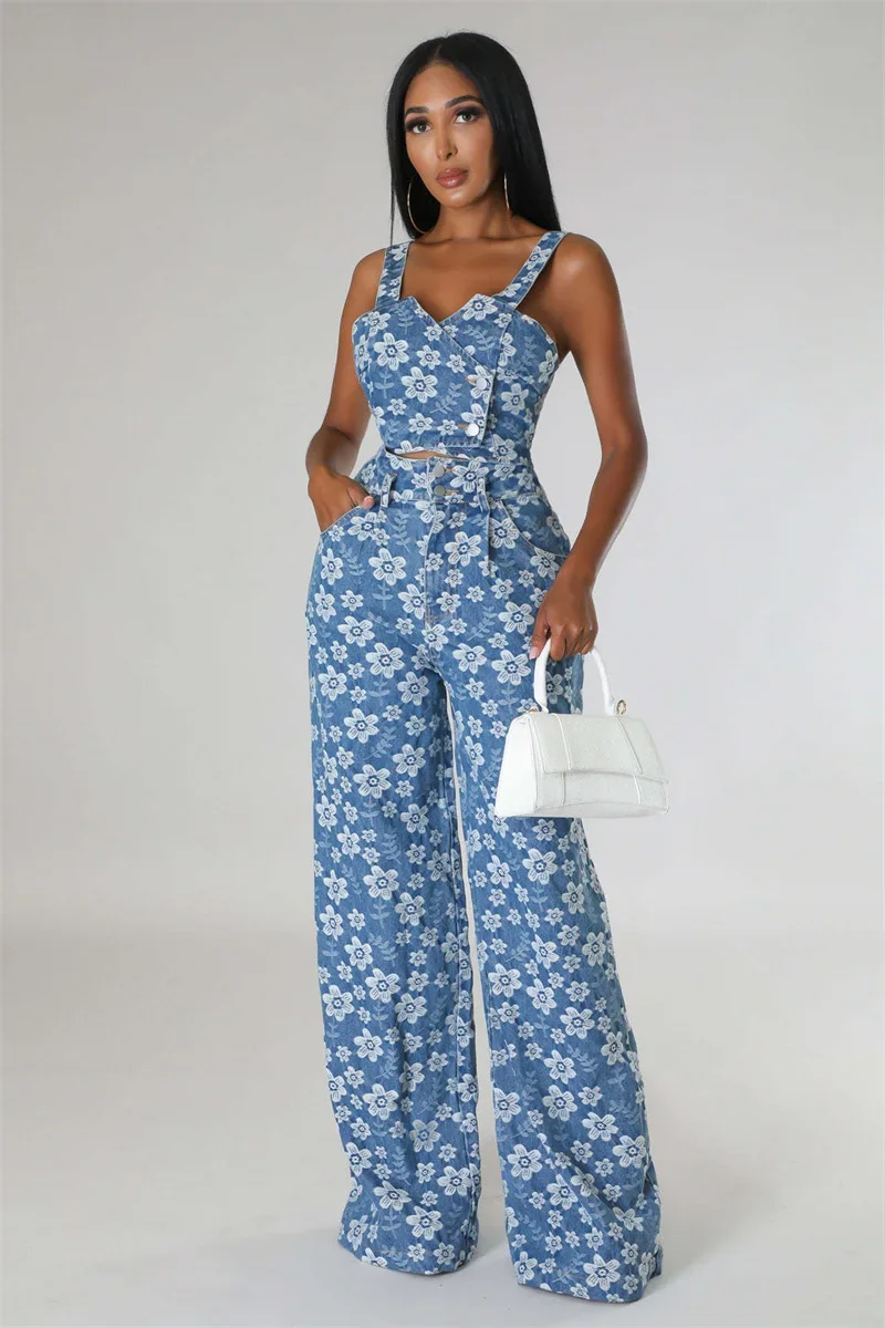 Floral Print Denim Pant Sets Womens 2 Piece Outfit Clubwear Birthday Crop Top and Wide Leg Pants Rave Festival Matching Sets