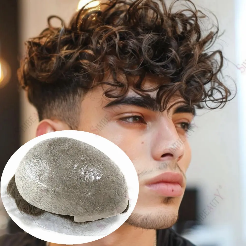 

28mm Curly Microskin 0.06mm Thin PU Base Natural Hairline Blonde Grey Human Hair Toupee Male Hair Replacement System Prosthesis
