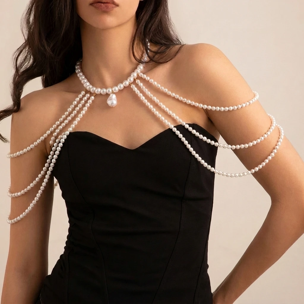 2026 Braut-Quasten-Imitationsperlen-Schulterkette für Damen, minimalistische mehrlagige Perlenkette, Choker, Hochzeitsschmuck – Detail 1