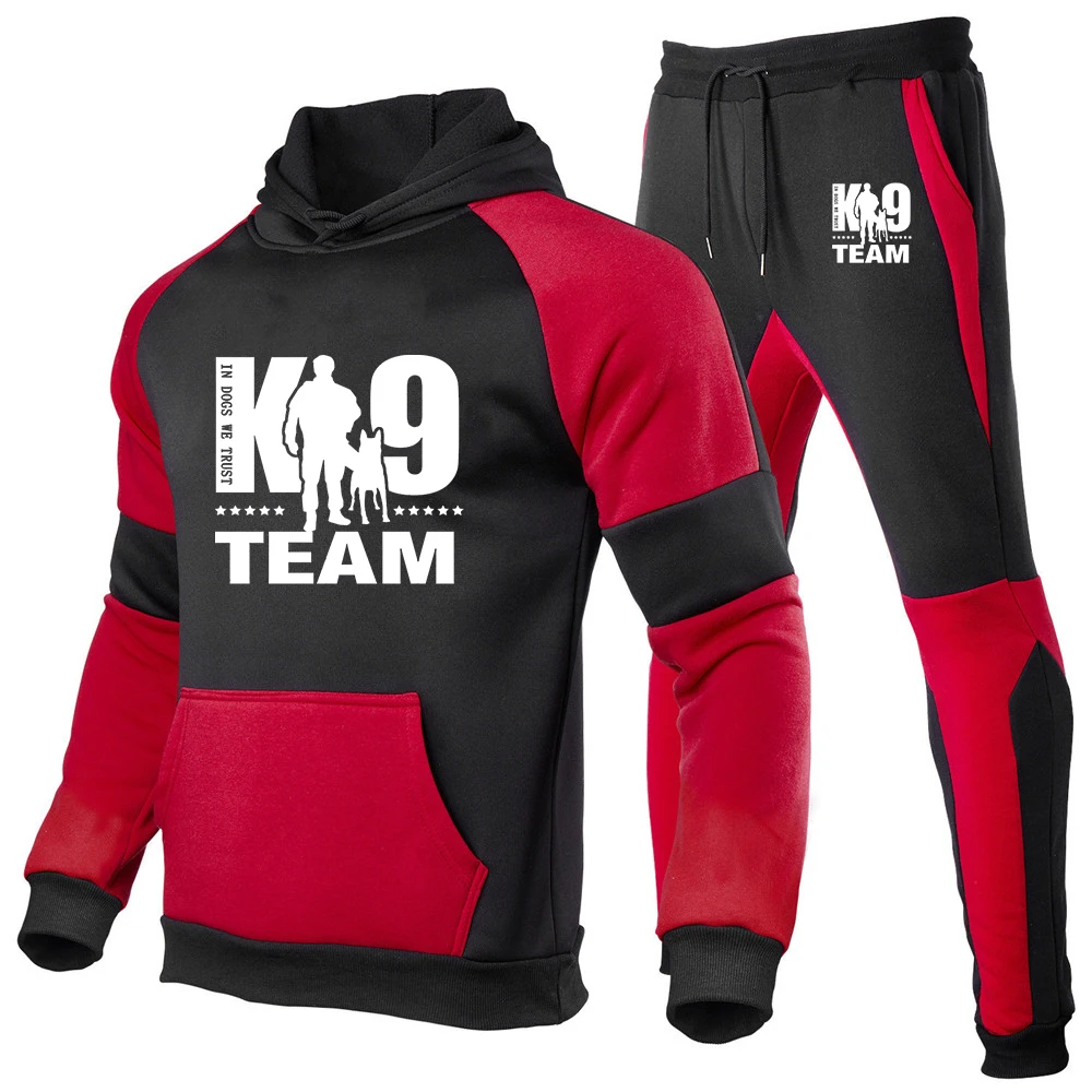 

2025 Spring And Autumn Man's K9 Team Logo Print High Quality Streetwear Personality Patchwork Hoodies+Sports Long Pants Suits