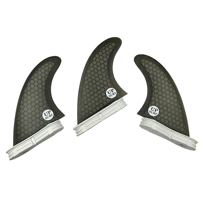 Double Tabs 2 Tri fin set S/M/L fins Double Tabs 2 surfboard fins grey color with white upsurf logo in Fibreglass fin