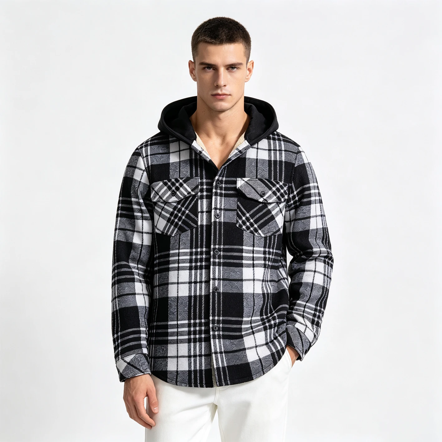 Men Hooded Plaid Flannel Shirt Jacket Fleece Lined Warm Button Down Shacket Casual Winter Outerwear