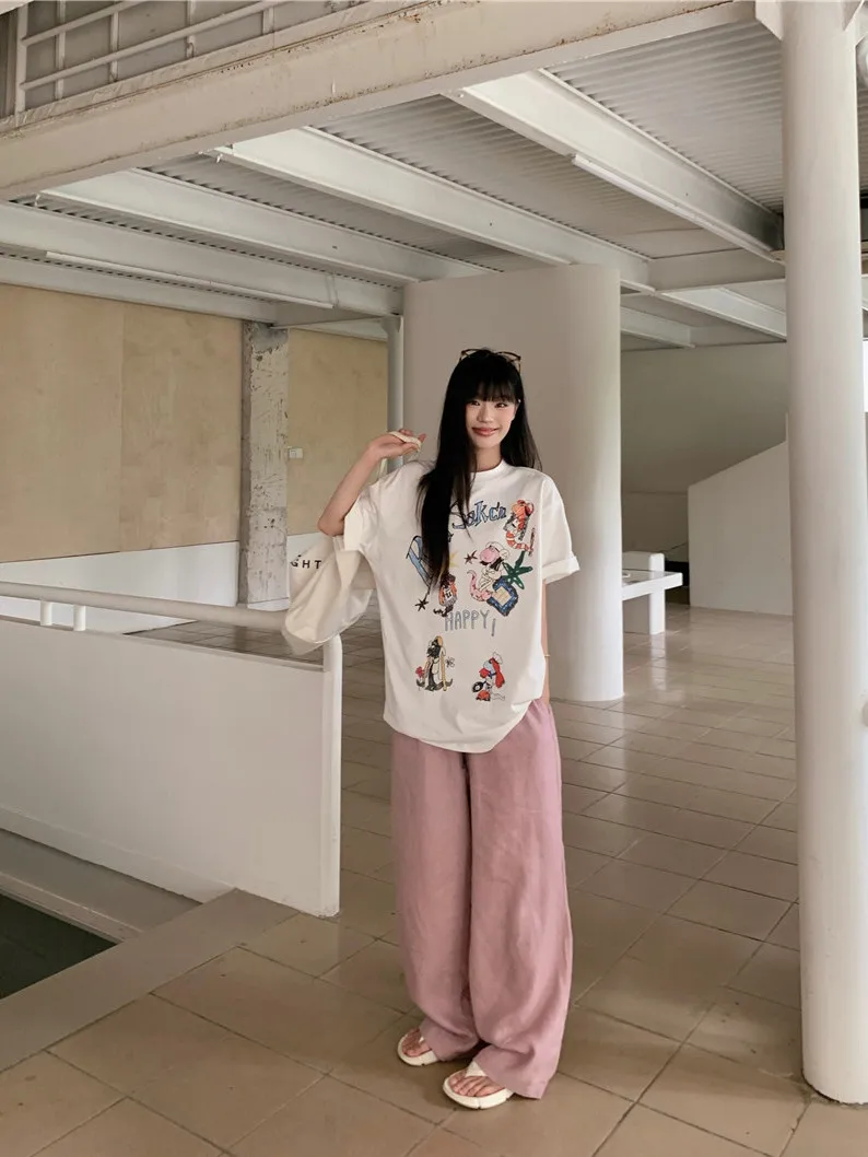 

Casual Printed Loose Short Sleeve T-Shirt Women Summer Drawstring Elastic Waist Straight Leg Pants Two Piece Set Fashionable