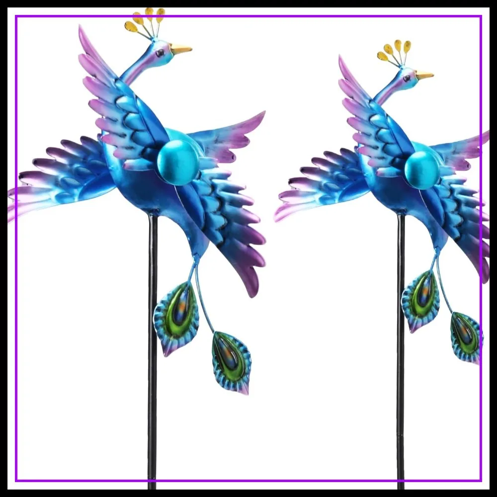 

Wind Spinners Outdoor - 2 Pack Small Metal Blue Peacock Windmill for Yard Patio Lawn Decor