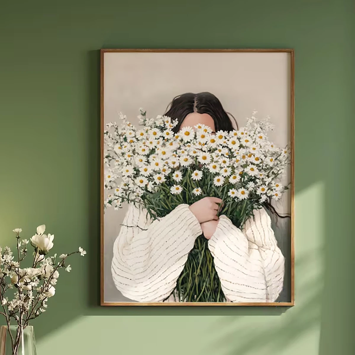 1pc frameless Canvas Painting Green Abstract Figures Canvas Print with Flower Woman Minimalist Japandi Female Portrait Art Poste