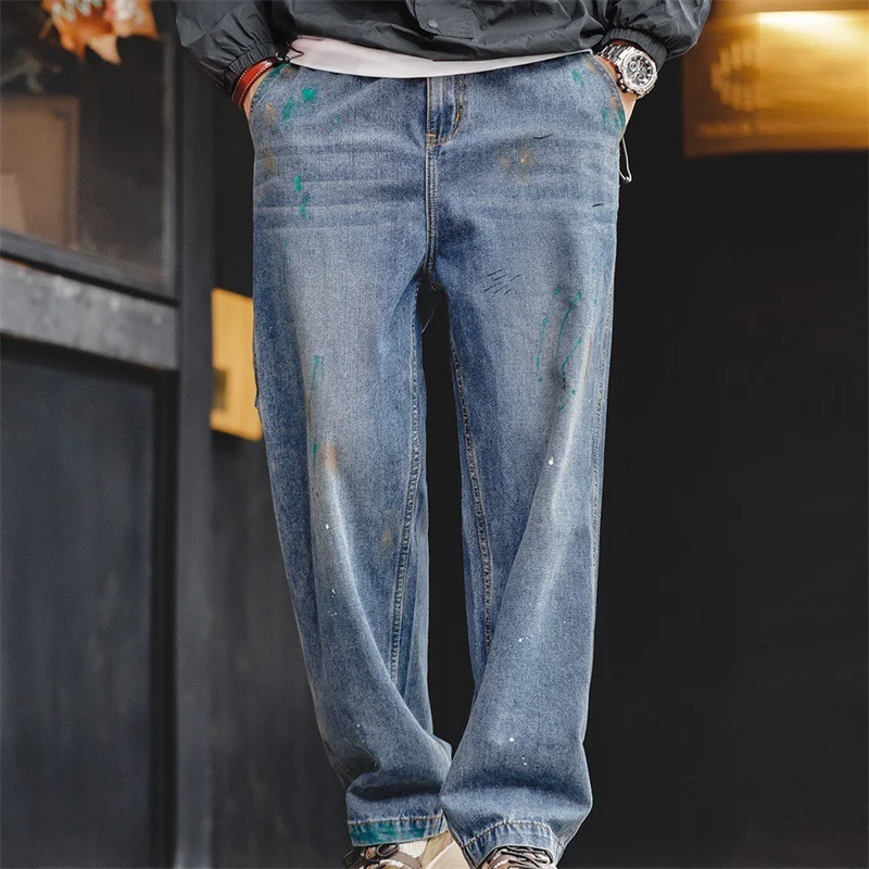 

Maden Retro American fiti Denim Jeans Bamboo Pattern Waed Straight Leg Pants Men Summer Casual Wear Resistant