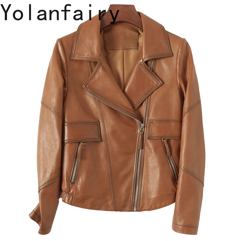 

2024 Autumn Winter Real Leather Jacket for Women Short Slim Fit Leather Coat Semi Vegetable Tanned Sheepskin Motorcycle Jackets