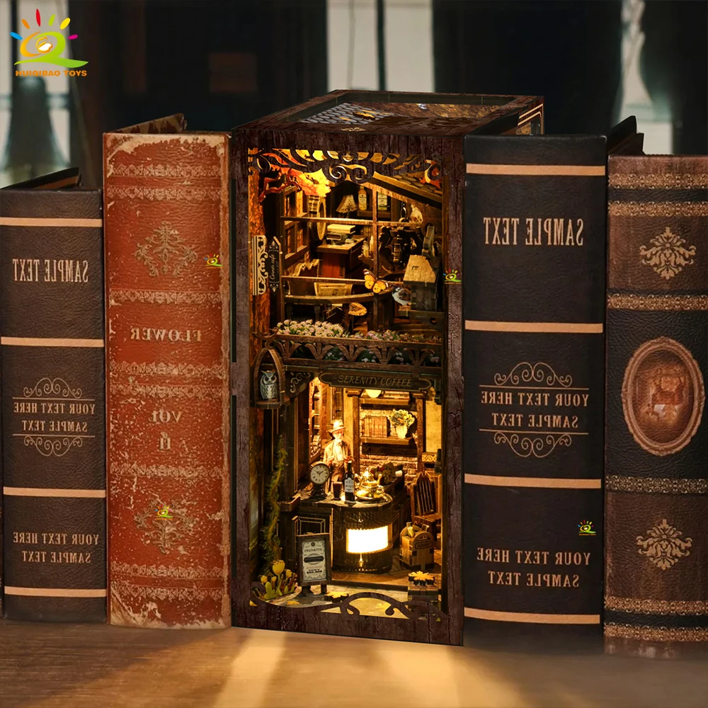 HUIQIBAO DIY Retro Kaffeehaus Bücherregal Modell 3D Holzpuzzle Montieren Buch Nook Regal Miniatur Bausätze Handgefertigtes Spielzeug