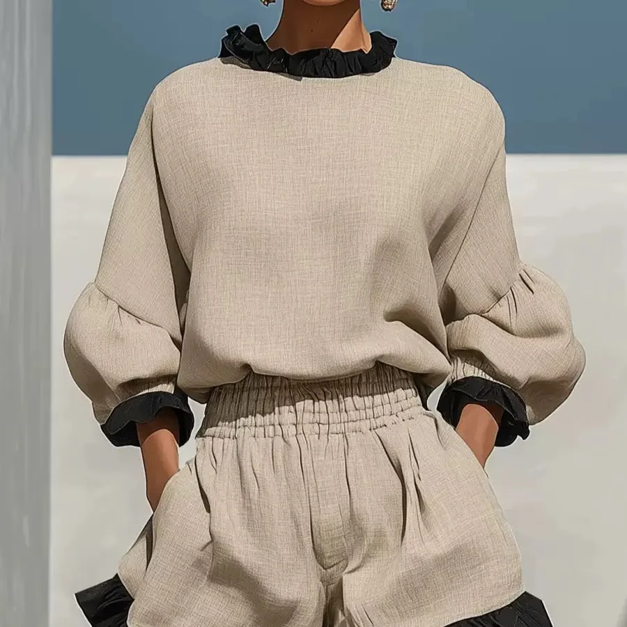 Autumn Contrast Ruffle 2 Piece Sets Ladies Lantern Sleeve Blouse + High Waist Shorts Outfits Loose Vacation Daily Casual Suits