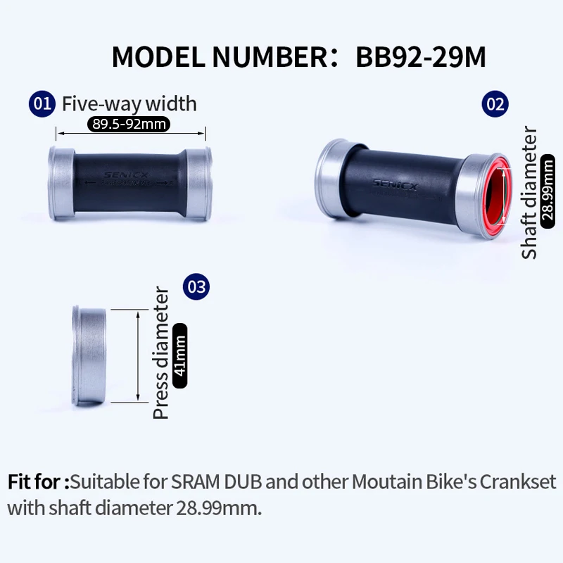 SENICX Mountain Bike Ceramic Bottom Bracket Suitable for SRAM DUB 28.99mm Axis Mtb Crankset Bicycle Center Shaft Press Fit BB92