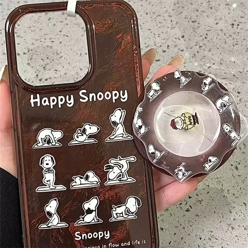 Funny Cartoon Cute Yoga Snoopy Bracket Shockproof Phone Case For iPhone 13 14 15 16Pro Max Lovely Snoopy Charlie Rotation Holder