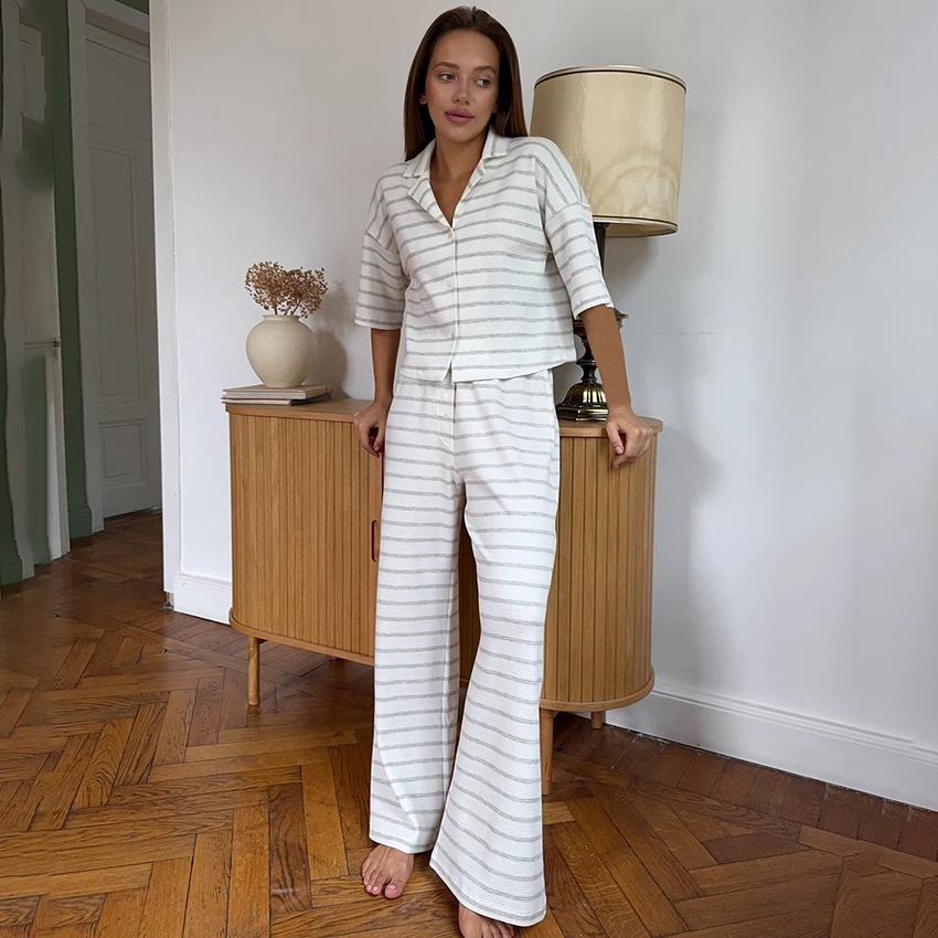 

HiLoc Home Polyester Stripe Pants Suits Pajamas 2025 Autumn Casual Short Sleeve Blouse With Loose Trousers 2 Piece Sets Women