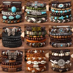 Vintage etnische stijl geweven lederen armband voor mannen Boheemse kruis vlinder levensboom lederen armbanden cadeaus voor vriend