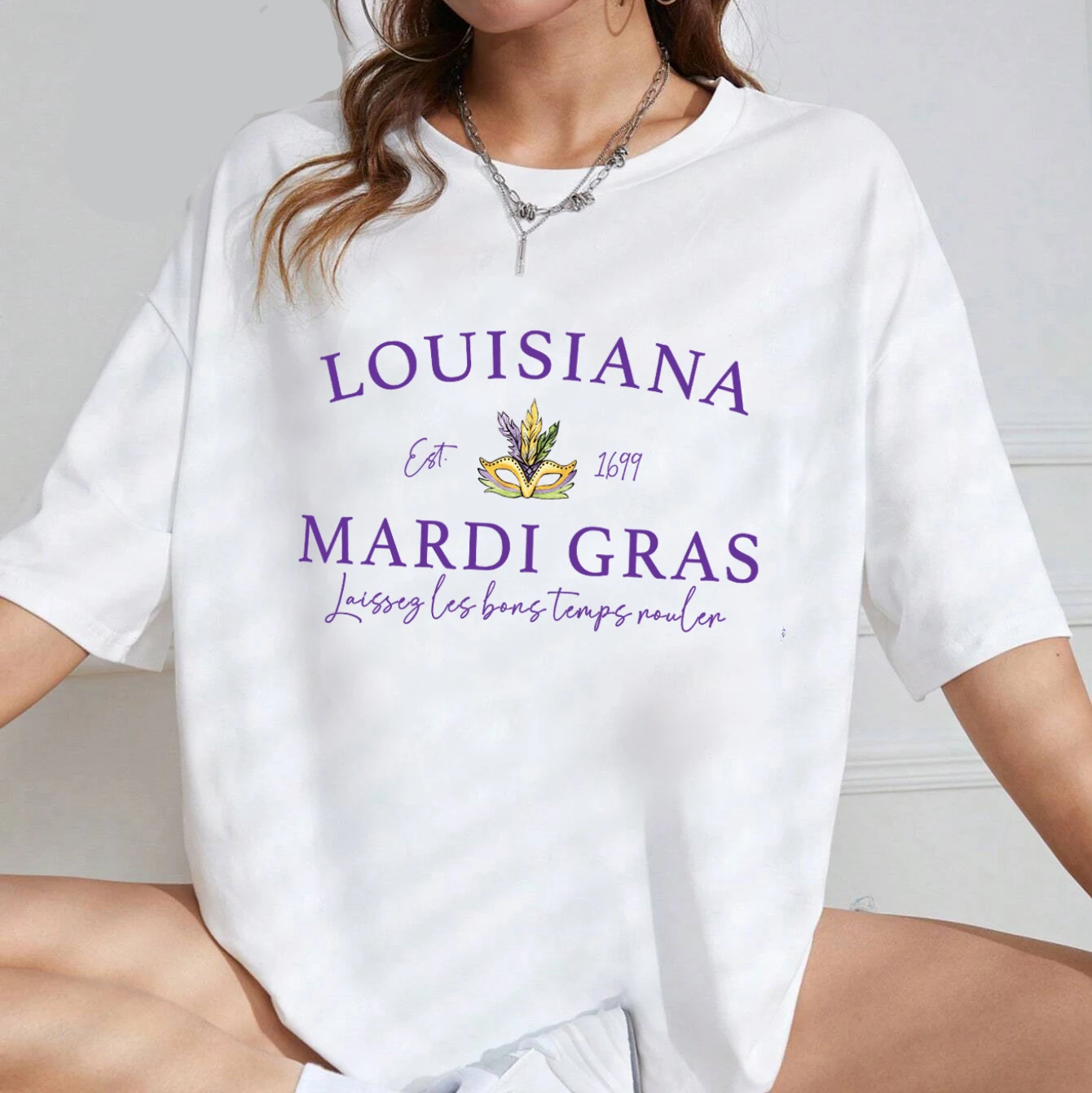 Louisiana Mardi Gras est 1699 Oversized T-Shirt Mardi Gras Loose Tee Women Trendy Casual cotton Aesthetic Top