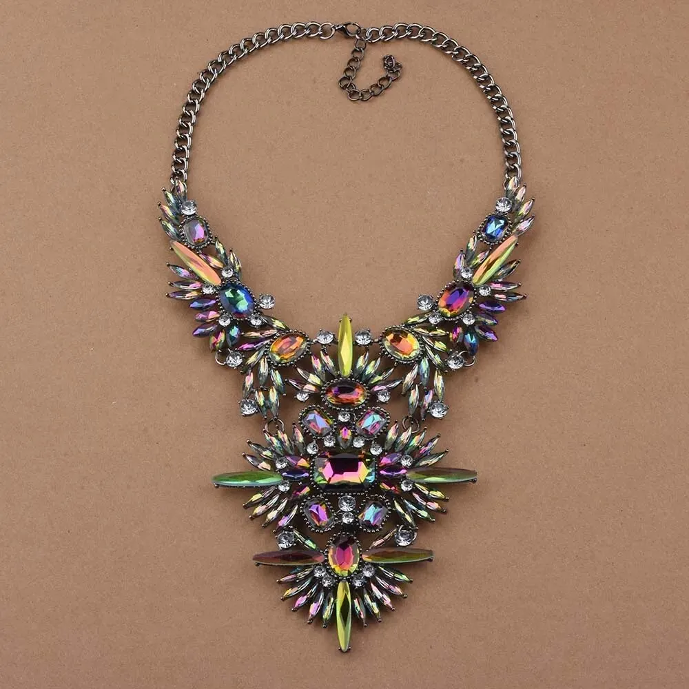 Luxury Jewellery Wholesale Bohemian Vintage Sexy Rainbow Colorful Crystal Rhinestone Chunky Bib Big Statement Necklace for Women