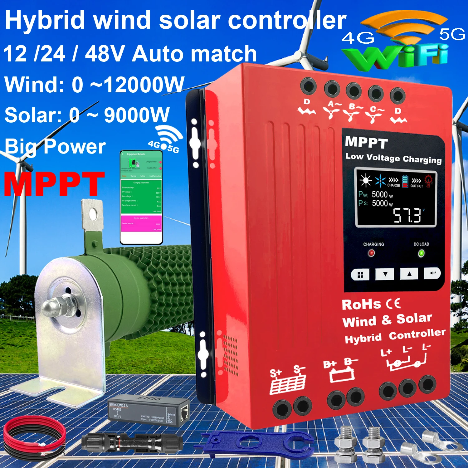 12V 24V 48V 4000W Wifi Wind Solar Hybrid Charge Controller, MPPT Charge for Solar Panel Wind Turbine, Lithium Lead Acid Battery