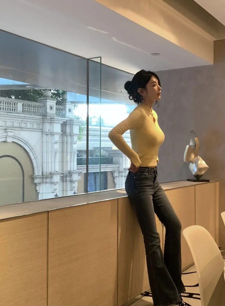 

Wcouture Новинка: джинсы HyunA Waed Bell Bot с прямыми штанинами, ретро-стиль, средняя посадка, с эффектом подтяжки бедер, женские джинсы премиум-класса из денима