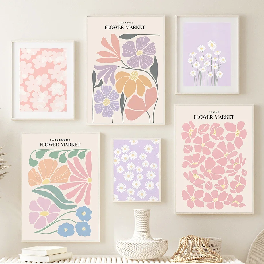 Peinture sur toile colorée sur le thème du marché des fleurs, affiche nordique de plantes, image imprimée pour le salon, peinture décorative