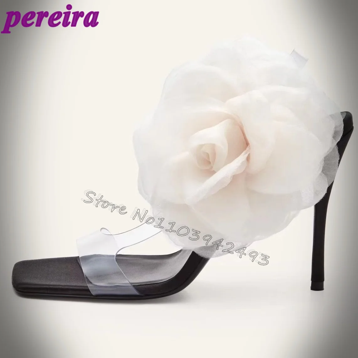 

Black Tulle Flower Translucent Toe Stiletto Heels Open Back Women's High Heels Sandals Stylish Breathable Party Shoes Pvc Shoe