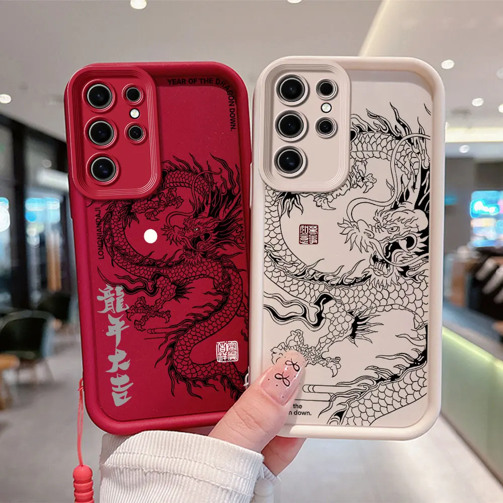 Black Chinese Hot Dragon Phone Case for OPPO A5 A7 A16 A17 A38 A53 A54 A55 A58 A72 A74 A76 A78 A94 4G 5G Cover With Hand Strap