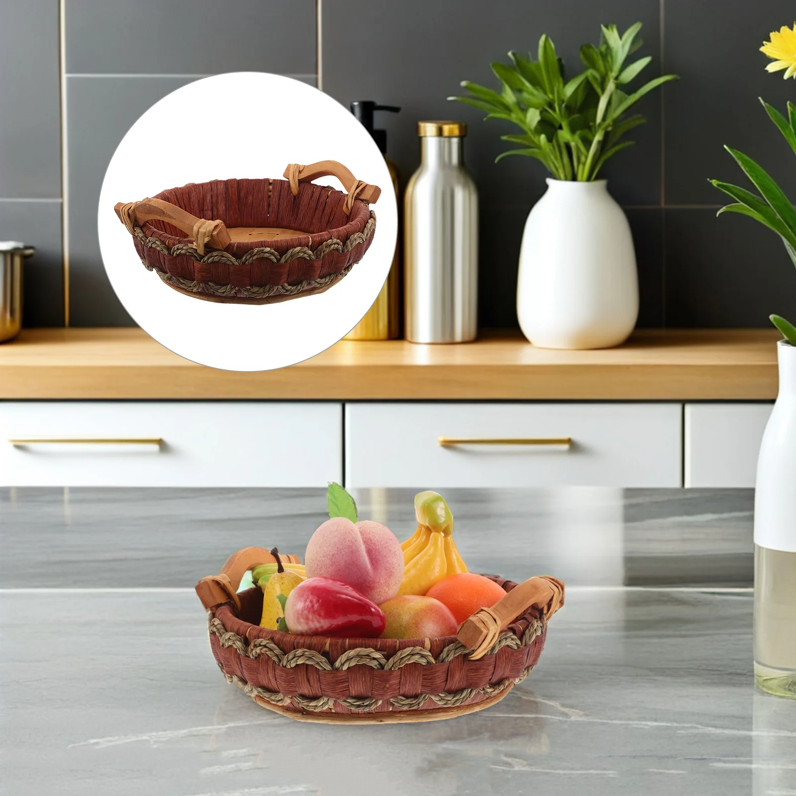 

Round Wicker Bread Basket With Handle Rustic Fruit Snack Serving Tray Kitchen Countertop Storage Organizer Woven Rattan Tabletop