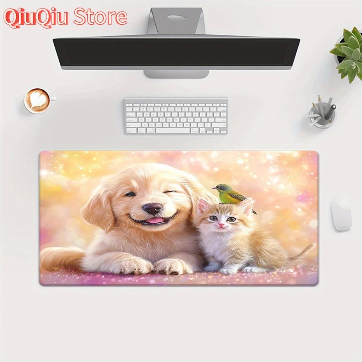 

1pc Extra Large Gaming Desk Mat - Golden Retriever Puppy & Kitten Pastel Floral design, Non-Slip Surface, XXL Mouse Pad for PC,