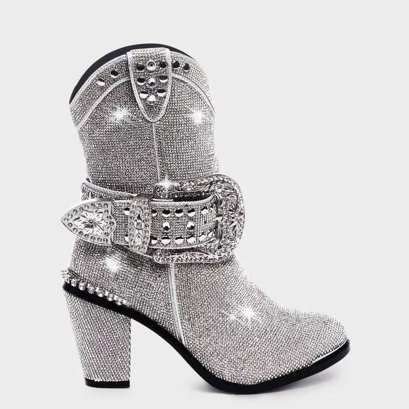 Rhinestone Cowboy Cowgirl Mid Calf Boots Shiny Crystal Buckle Round Toe Block High Heels Winter Casual Punk Cool Girl Shoes