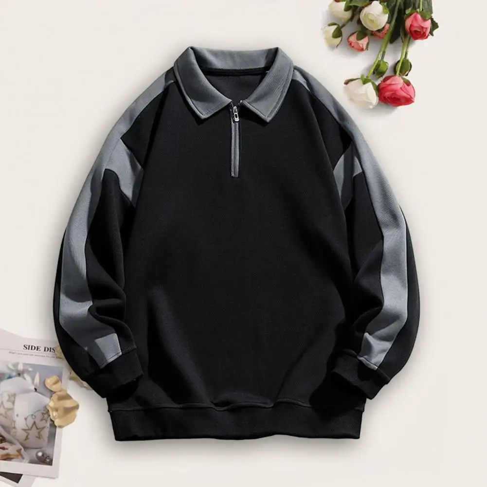 

Men Teenager Contrast Color Sweatshirt Lapel Zipper Neckline Long Sleeve Sport Casual Tops Loose Fit Pullover Tops