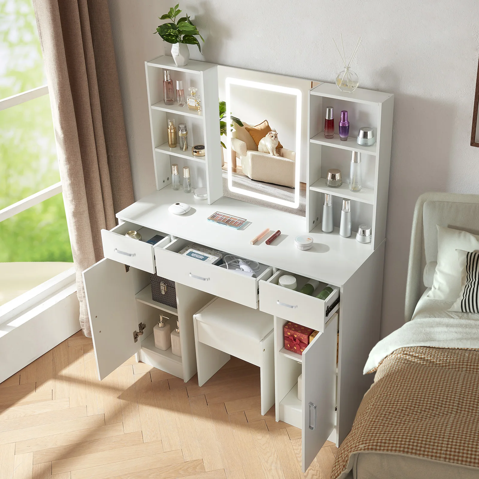 【صفقات 11.11، عروض الجمعة السوداء 2025】مجموعة مقاعد كبيرة لطاولة الزينة مع مرآة مكياج LED ذكية مكونة من 6 أدراج مكتب زينة