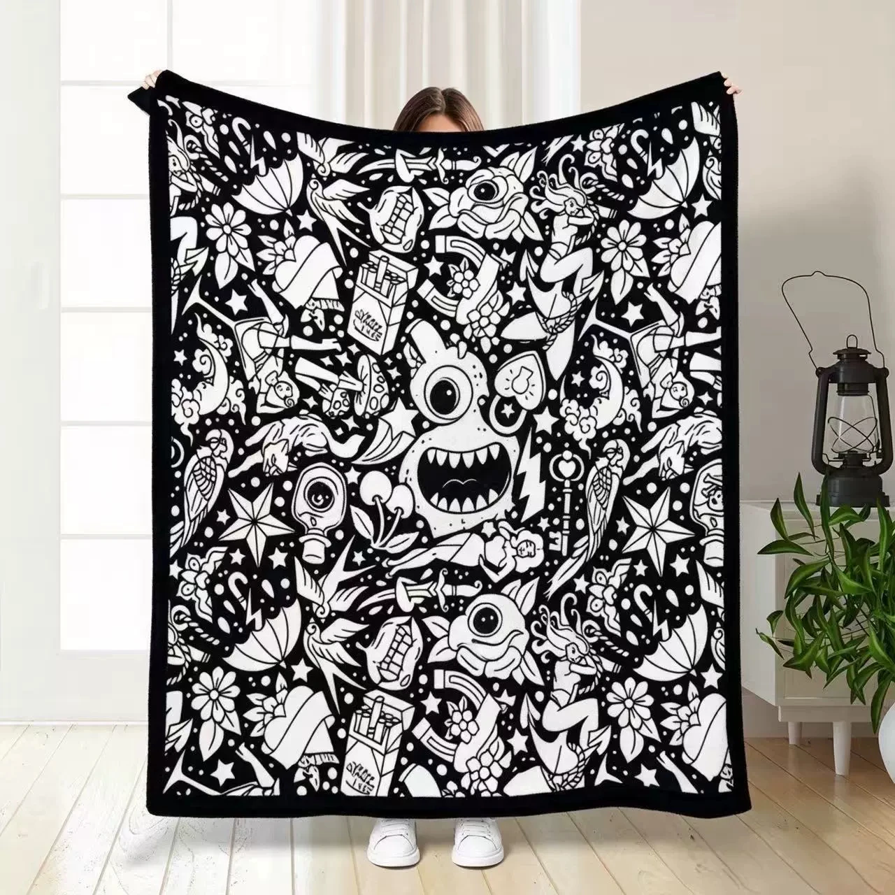 Washable Coloring Art Blanket Complex Retro Tattoo Monster Art Themed Doodle Motif DIY blanket Personalized Hand Paint Throw