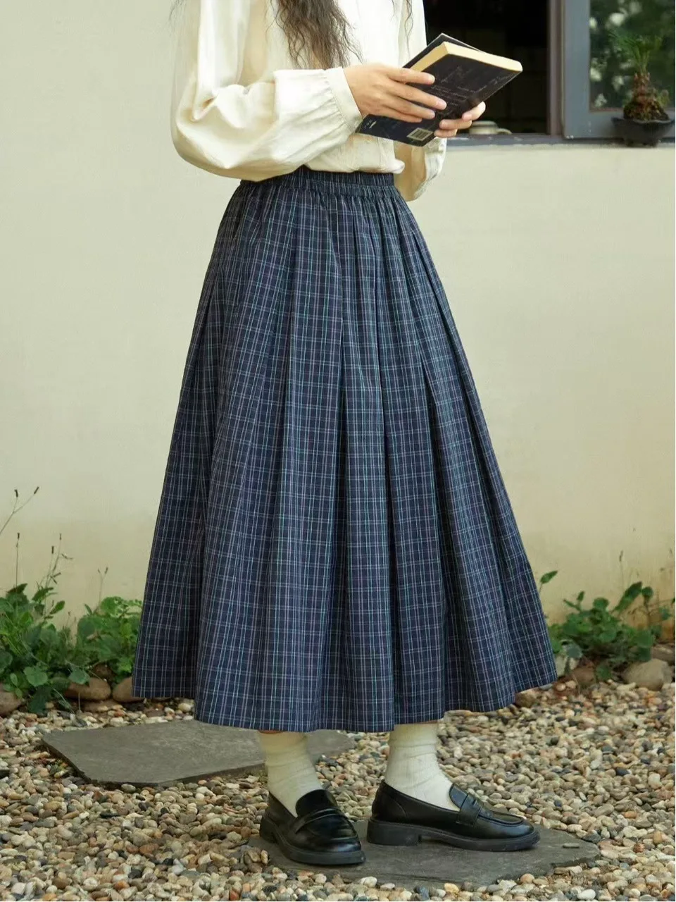 

Нежная художественная свободная плиссированная юбка в клетку, весна 2026, повседневная, с завышенной талией, из смесового хлопка, А-силуэт, для женщин