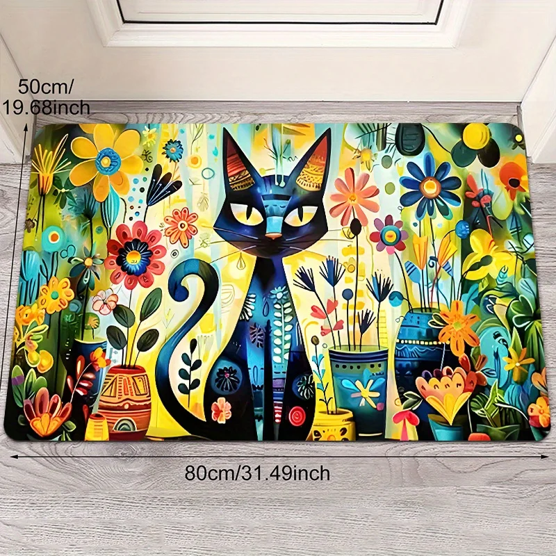 1pc 2D Flat Black Cat Art Colorful Flowers Vases Abstract Flannel Door Mat Non Slip Whimsical Pet Rug ForEntryway Bathroom Floor