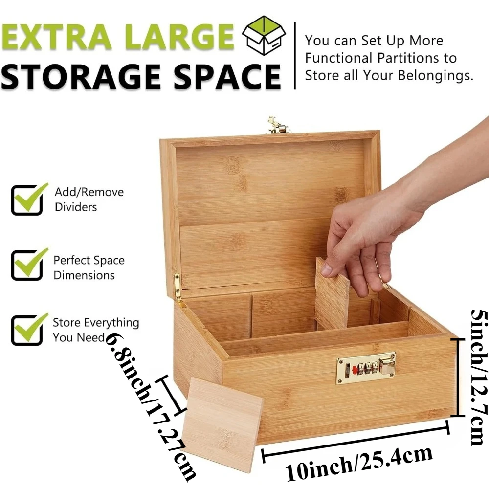 Lockable Bamboo Storage Box with Removable Tray Combination Lock Wooden Organizer Case Padded Interior for Personal Storage
