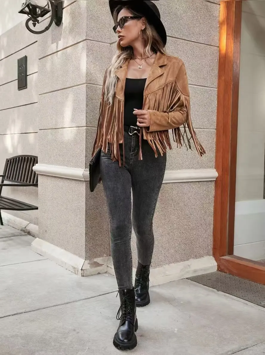 Women's Casual Fringe Cropped Jacket Western Boho Vintage Long Sleeve Zip Up Trendy Autumn Outerwear