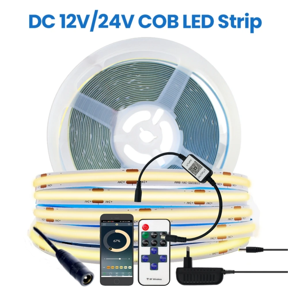 5M 10M Dimming COB Strip Light With Remote Control 12V 24V 320LEDs/M Bluetooth High Density Linear Lighting Flexible LED Tape