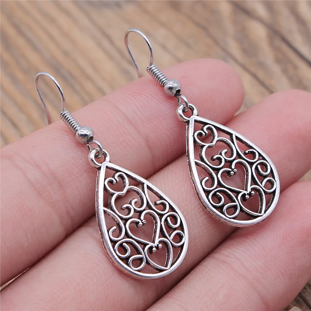 Antique Silver Color Hollow Drop Shaped Heart Earrings Pendant Earrings Dangle Earrings Drop Earrings