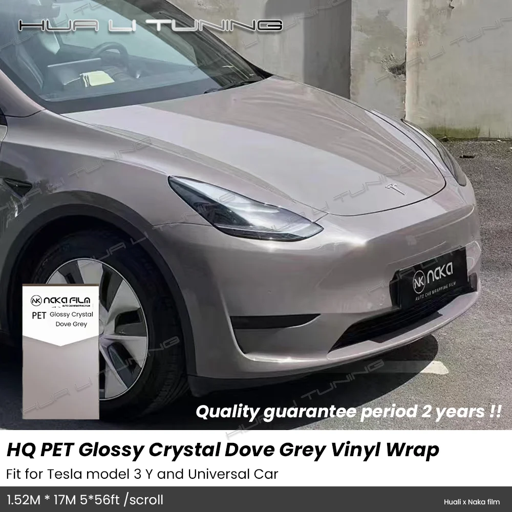 

For Tesla Model 3 Y etc. PET Glossy Crystal Dove Grey Vinyl Wrap LowTack Glue 1.52*17M/Roll 5x56ft Air Bubble Free HQ Auto Film