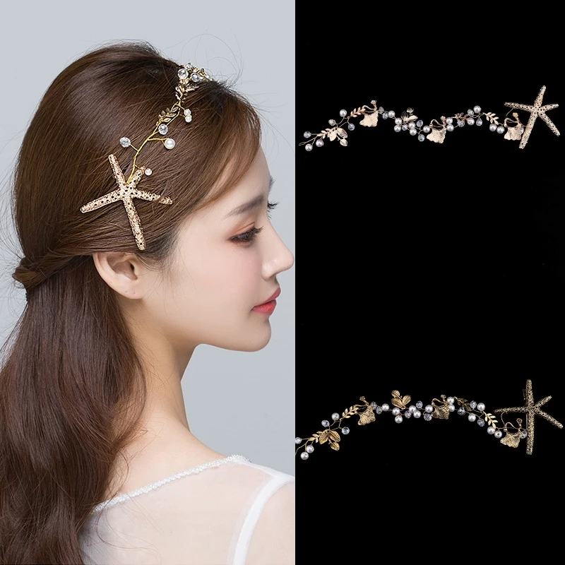 Gold Color Starfish Pearl Crystal Headband Tiara For Women Bride Leaf Party Bridal Wedding Hair Accessories Jewelry Vine Band