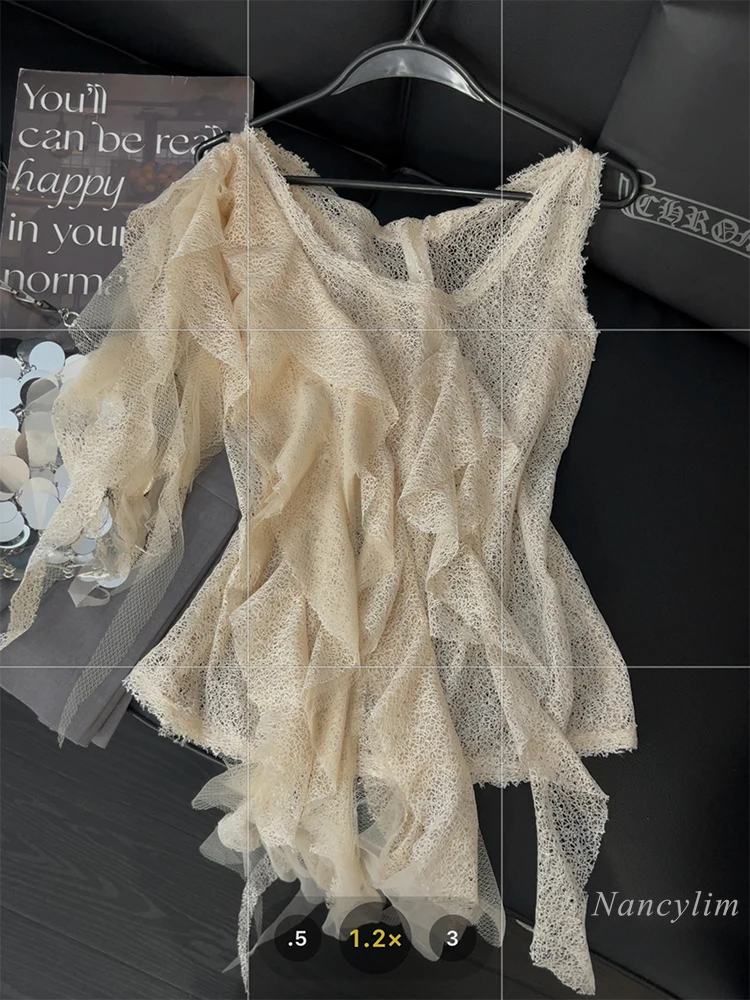 

Summer Ruffled Ribbon Vest Top Women's Pure Desire See-through Hot Girl Style Asymmetric Niche Design Top Blusas