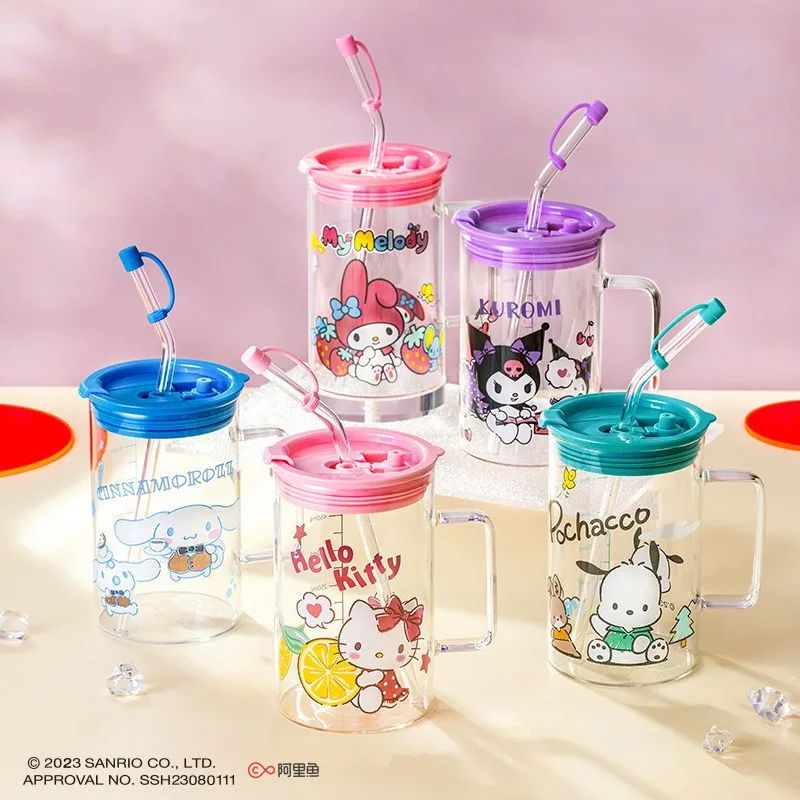 

Sweet Sanrio Hello Kitty Kuromi Anime Kawaii Glass Water Cup Cute Cartoon Cinnamoroll My Melody Ins Fashion Bottle Gifts for Kid