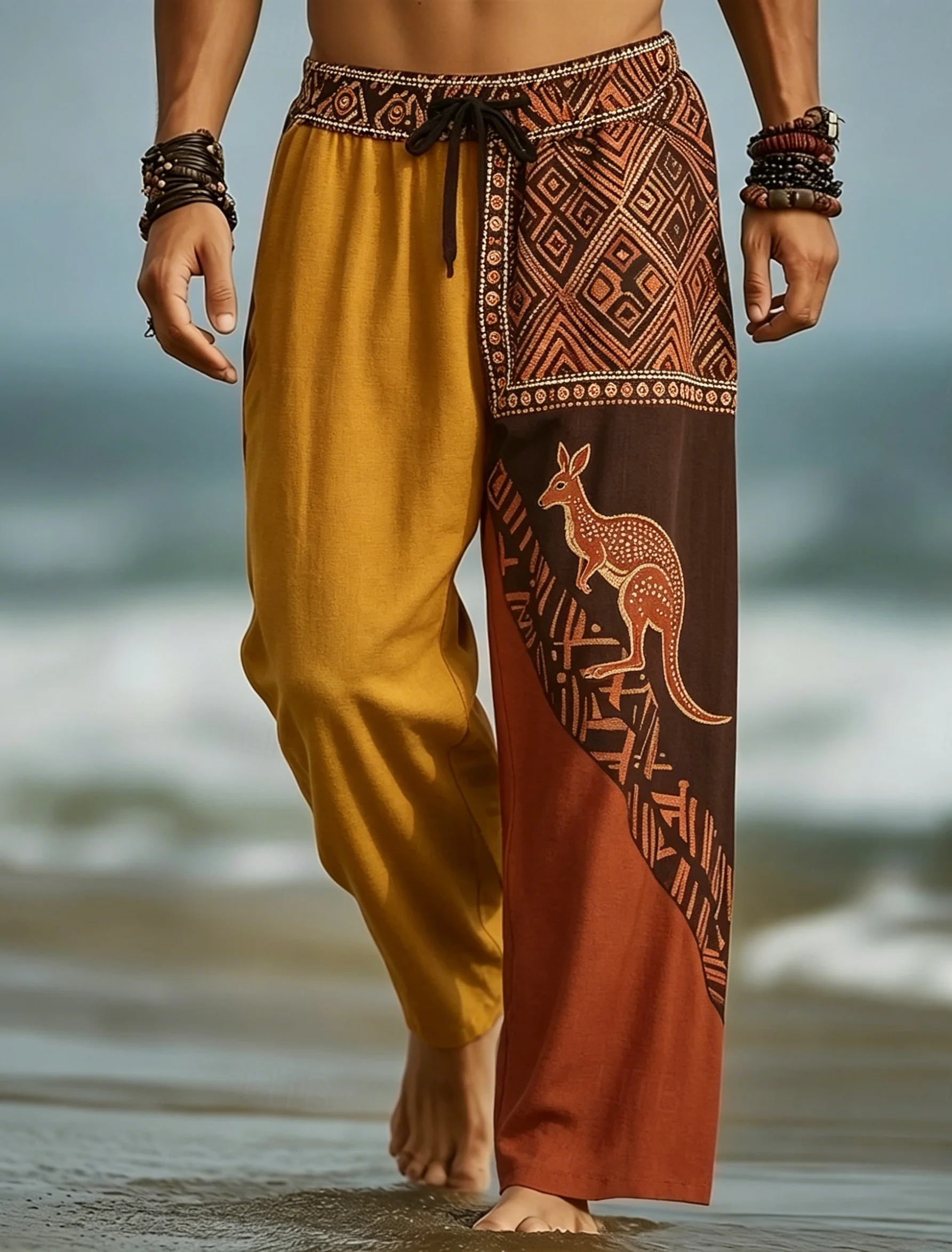 Men's Drawstring Waist Patchwork Tribal Geometric Print Long Pants, Relaxed Loose Fit For Spring Summer Beach Daily Wear