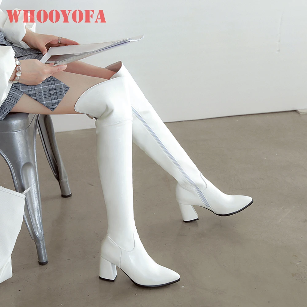

New Winter Mature Black White Women Thigh High Boots Over Kee 3 inch Heels Lady Riding Shoes Plus Small Big Size 11 32 45 47