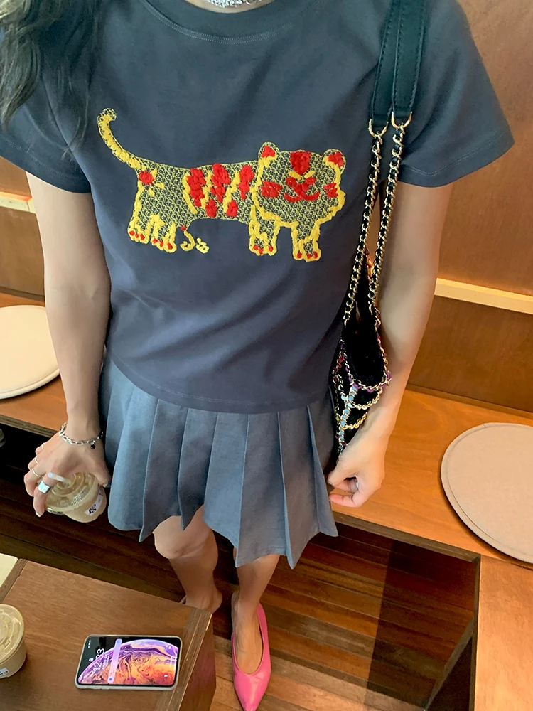Gray Short Sleeve T-Shirt Women's Summer New Style Embroidery Tiger Print Korean Style Standard Fit Cotton Blend Casual Top