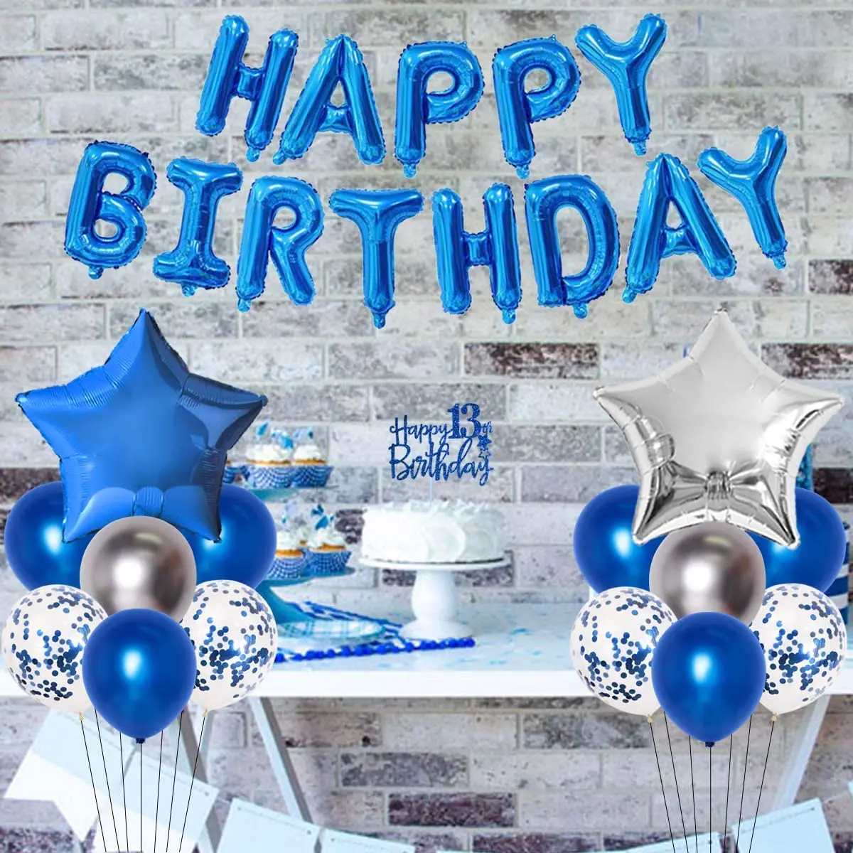 Blue 13th Birthday Decorations for Boys Girls Birthday Party Supplies Happy Birthday Balloon Banner Cake Topper Hanging Swirls